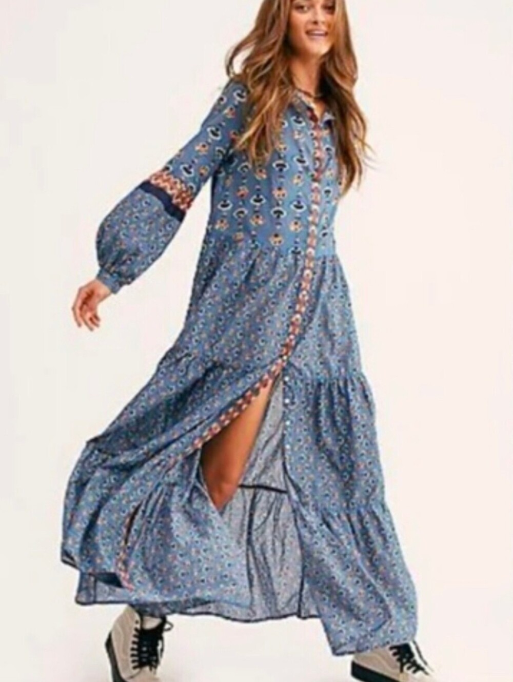 Free People Blue Floral Button-Down Maxi Dress XS